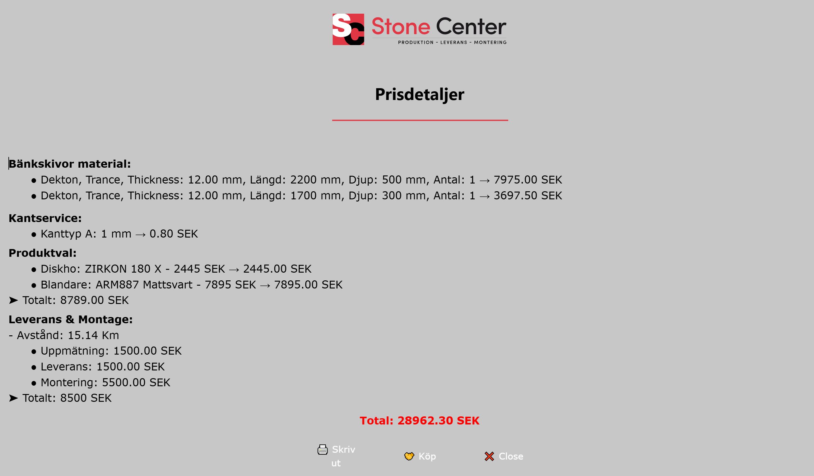Calculated result listing materials, edge services, selected products, delivery, installation and an overall total.