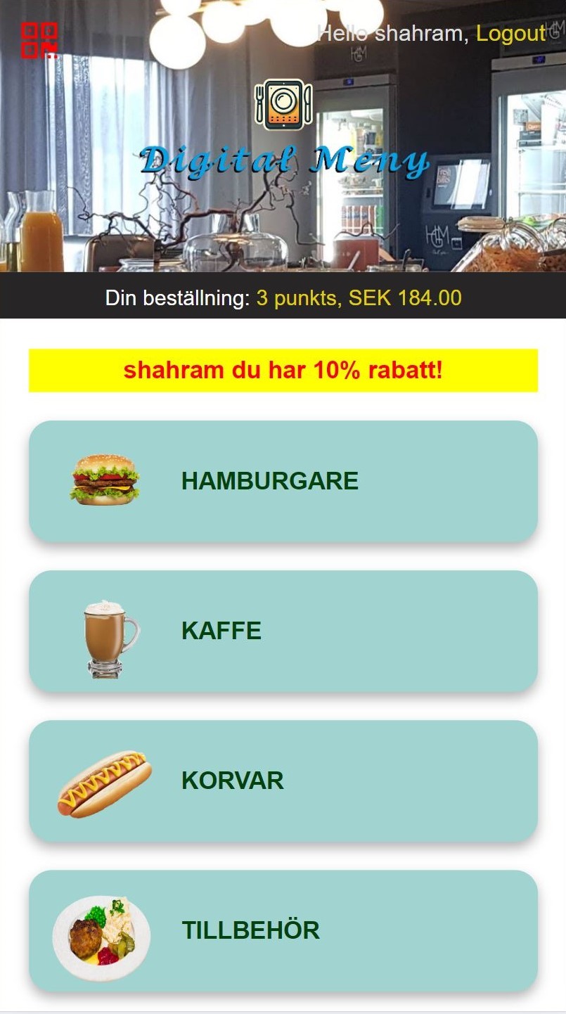 Menu category cards with food images and category names.