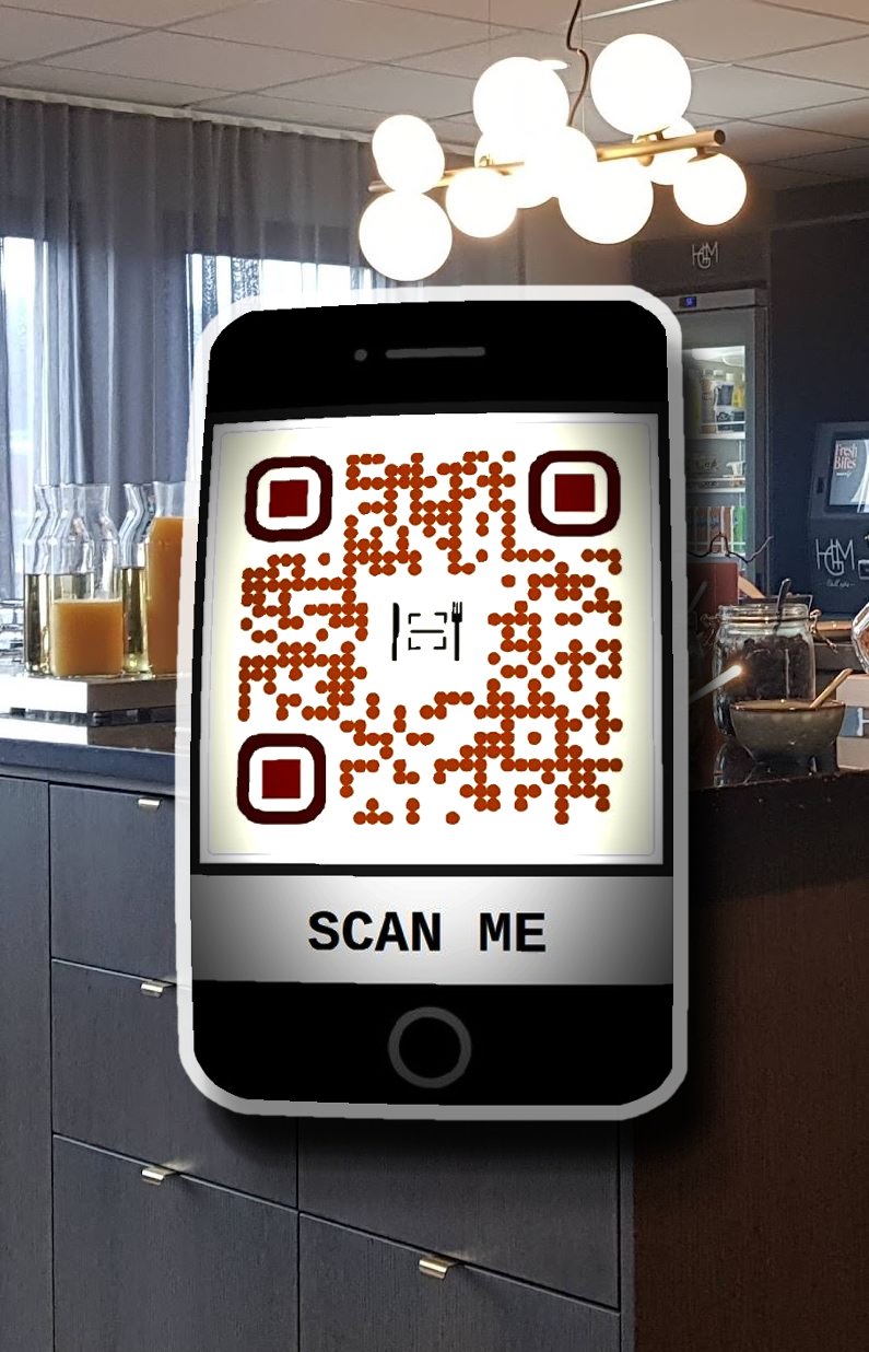 Illustration of a phone and QR scanning concept in a restaurant setting.